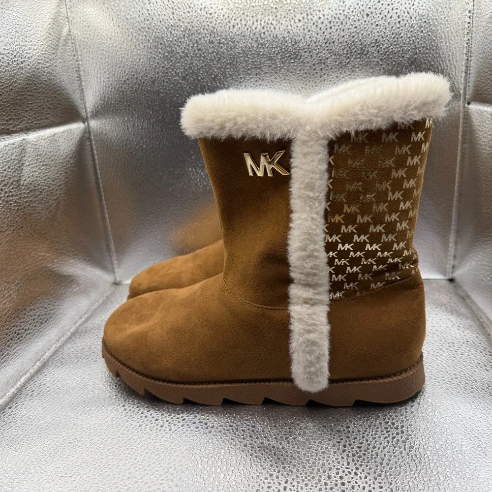 Size 5 Michael Kors Kaysen Winter Fur Logo Brown Girls Mid Calf‎ Zipper Boots